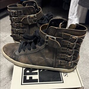 Frye Dark Brown High-Top Sneakers with Zipper and Laces